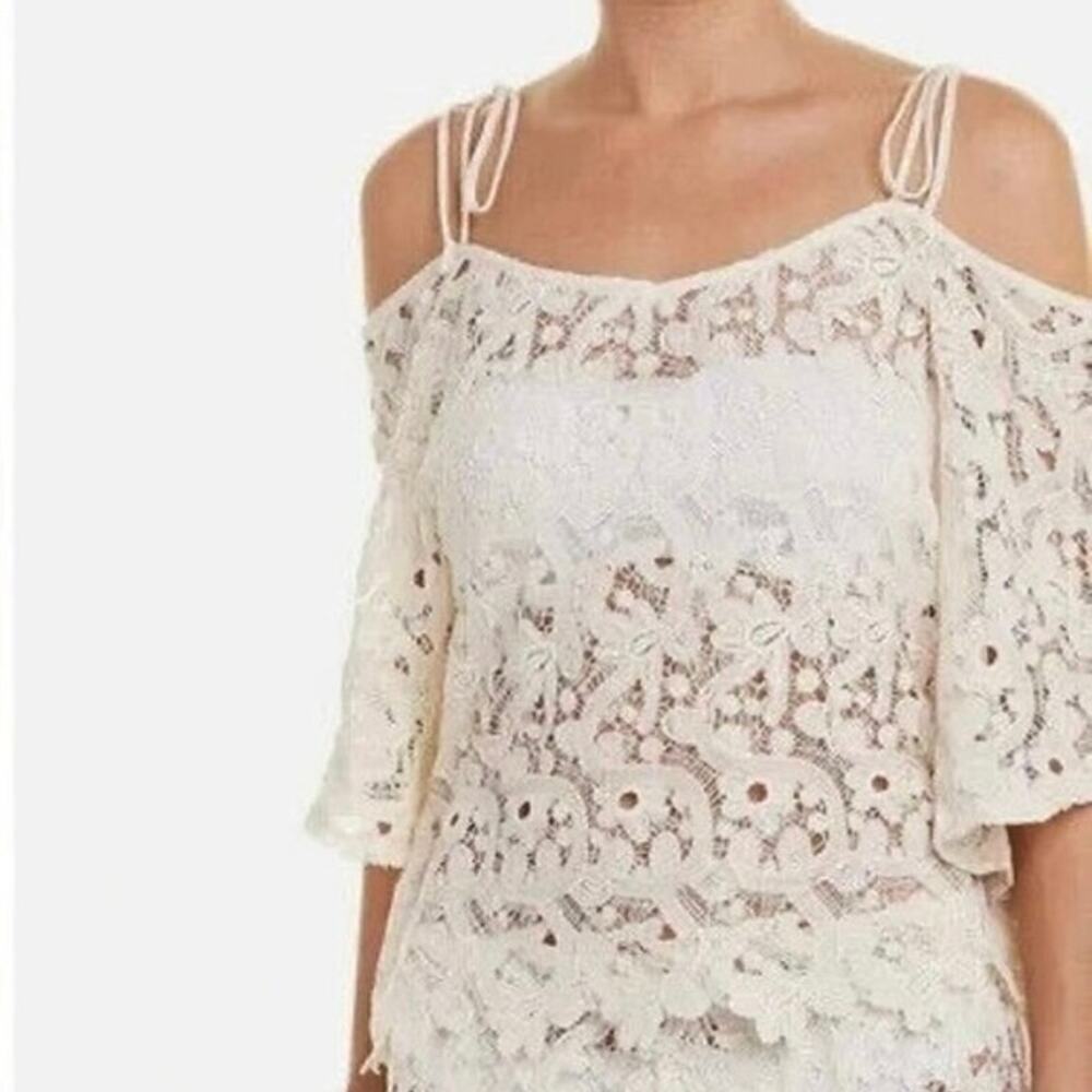 Eberjey Lupita Crista Natural Cream Crochet Lace Cold Shoulder Blouse S/M NWT